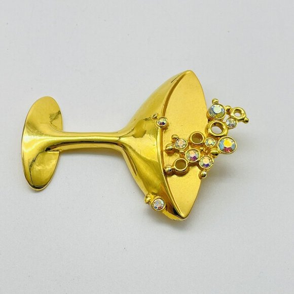 JJ Signed Champagne Glass and Bubbles Brooch Gold Tone Aurora Borealis Beads - Picture 2 of 7